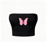 Pink Butterfly Siyah Straplez Crop