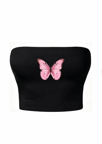 Pink Butterfly Siyah Straplez Crop