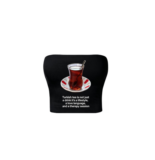 Türk Çay Baskılı Siyah Straplez Crop