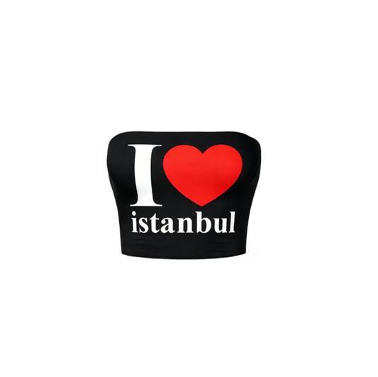 I Love İstanbul Siyah Straplez Crop
