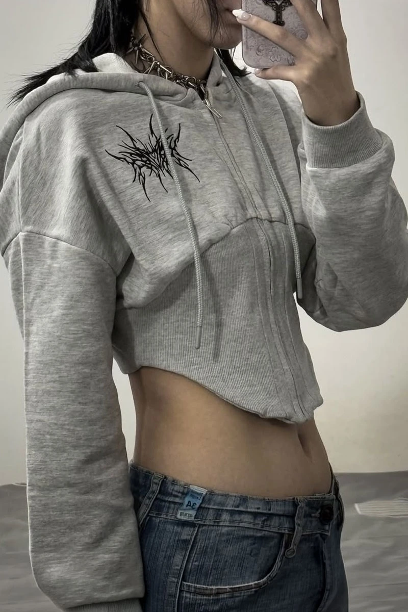 Gri Melanj Korseli Tribal Oval Kesim Y2K Uzun Kollu Crop Hırka