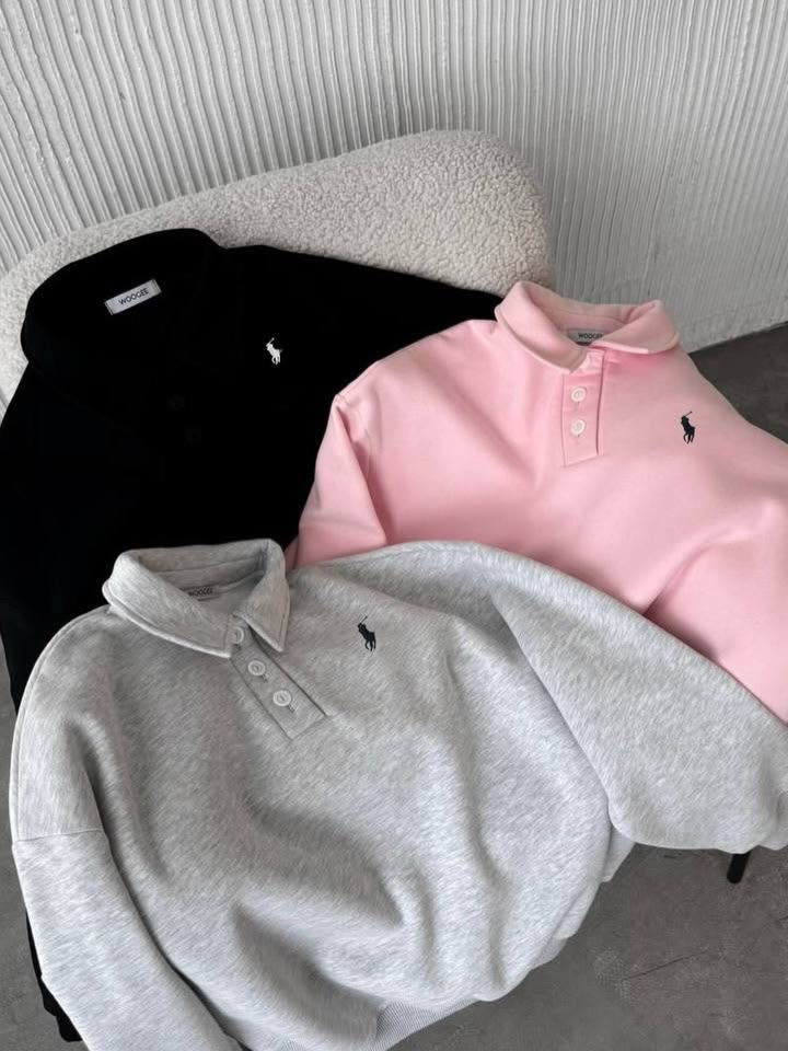 Polo Yaka Nakış Detaylı Basic Oversize Unisex Sweatshirt
