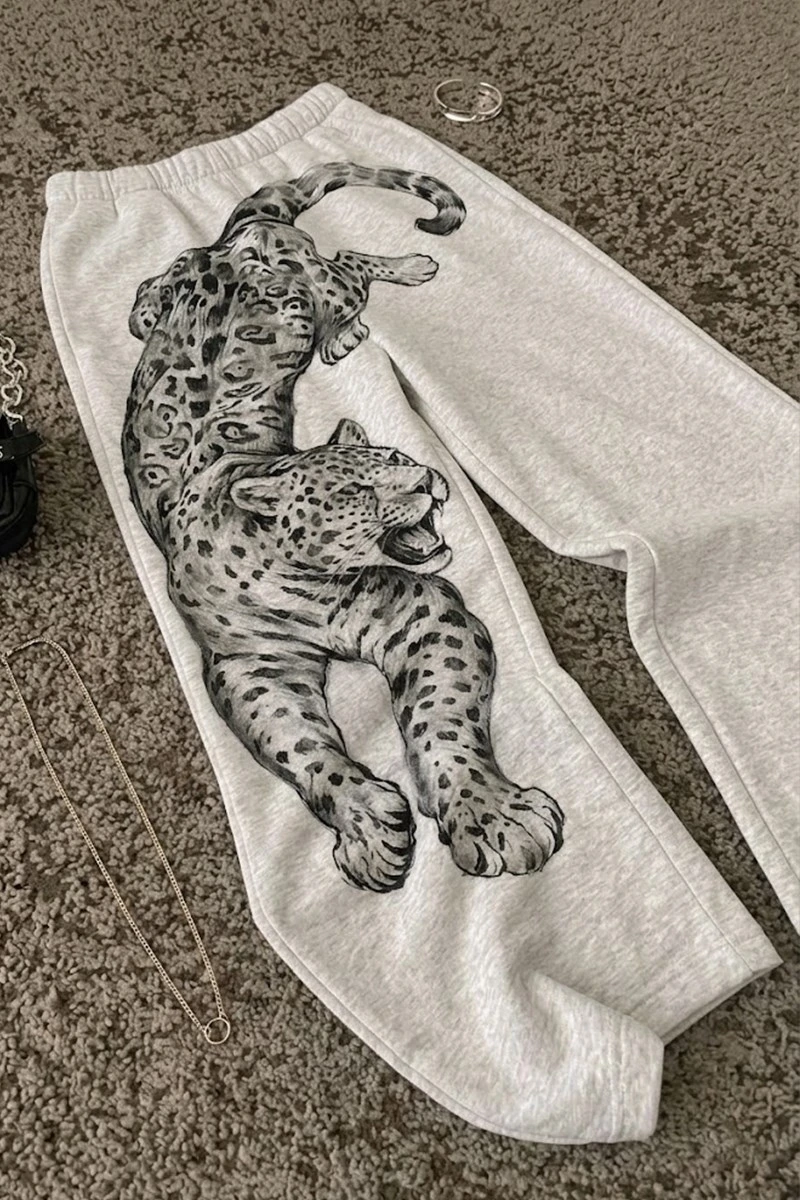 Gri Melanj Leopar Wide Leg Unisex Harajuku Y2K Eşofman