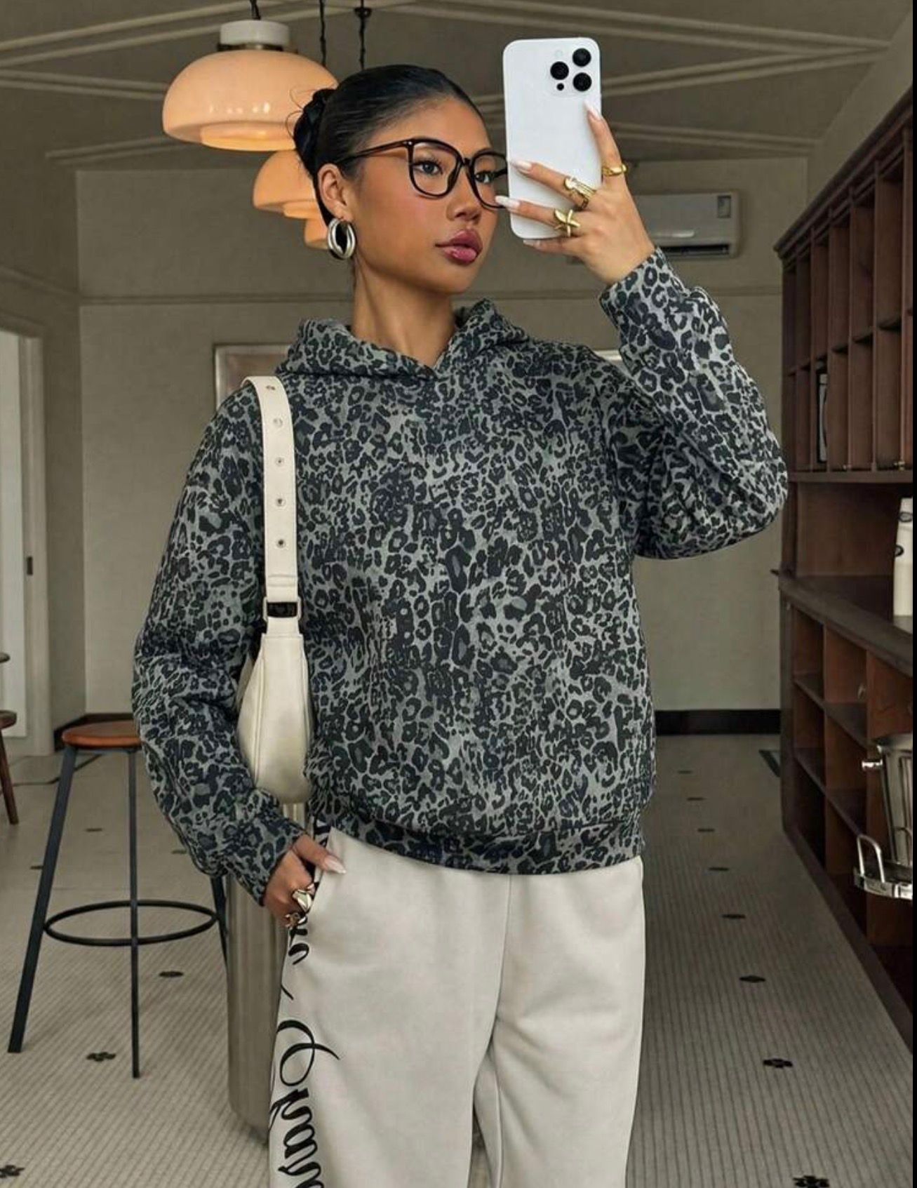 Leopard Oversize Kapüşonlu Premium Sweatshirt