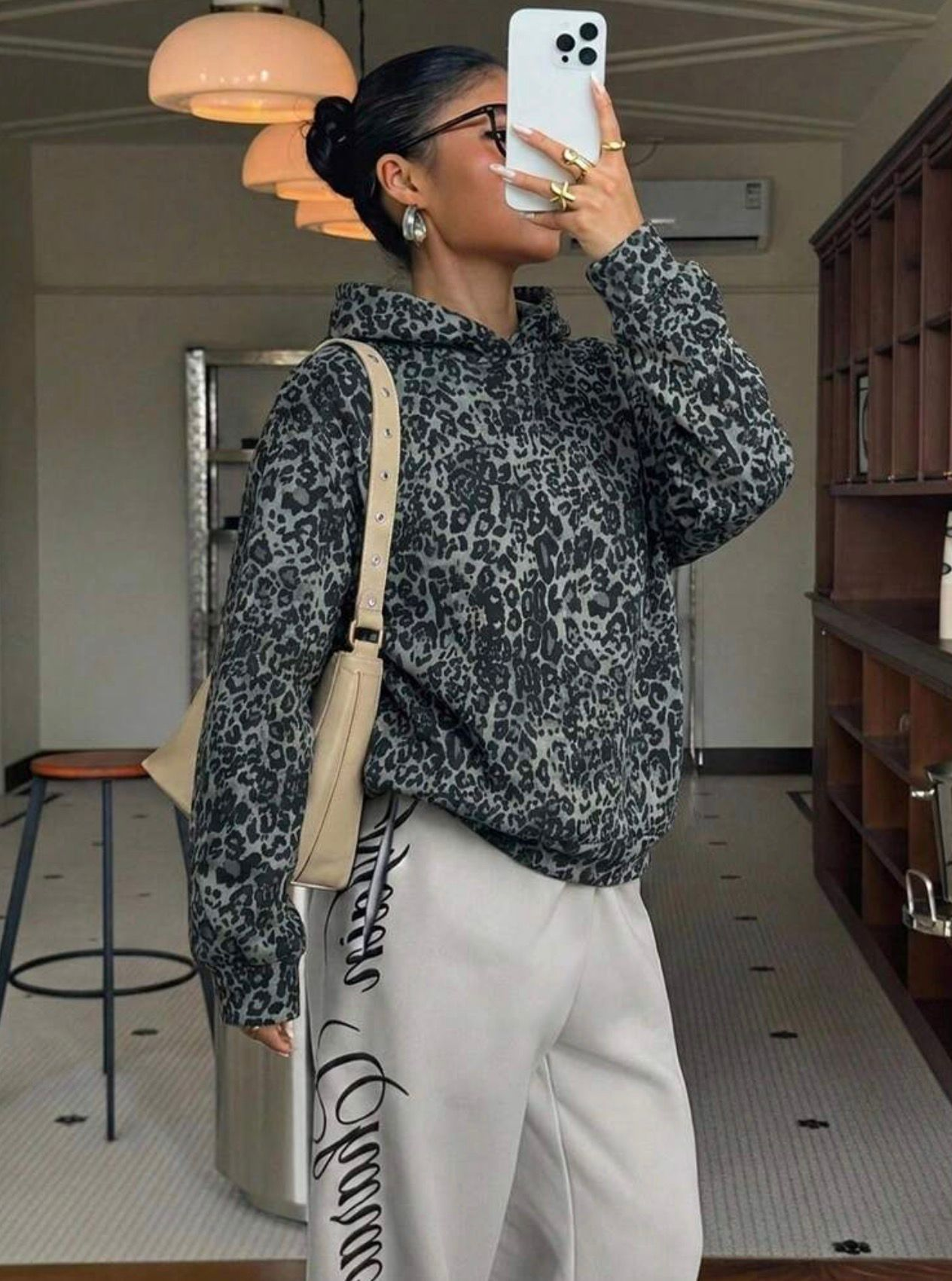 Leopard Oversize Kapüşonlu Premium Sweatshirt