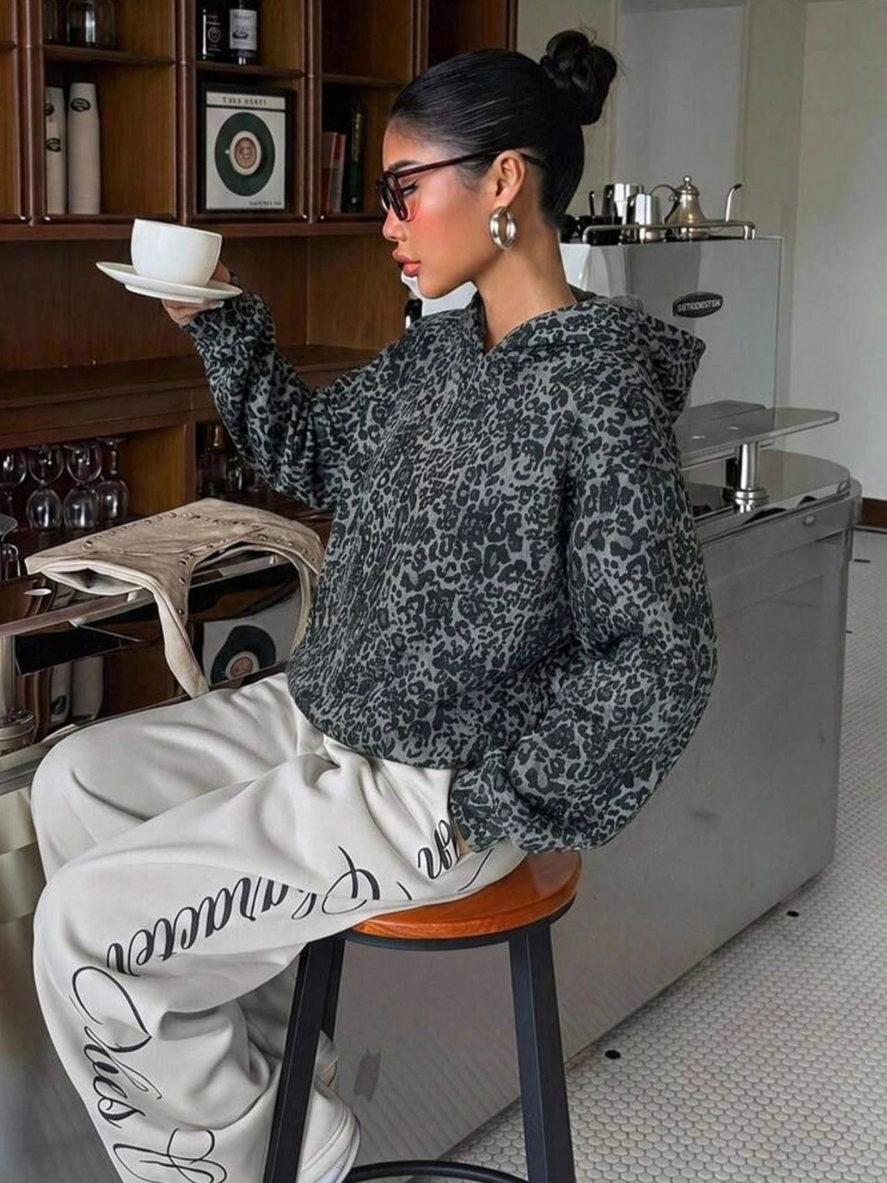 Leopard Oversize Kapüşonlu Premium Sweatshirt