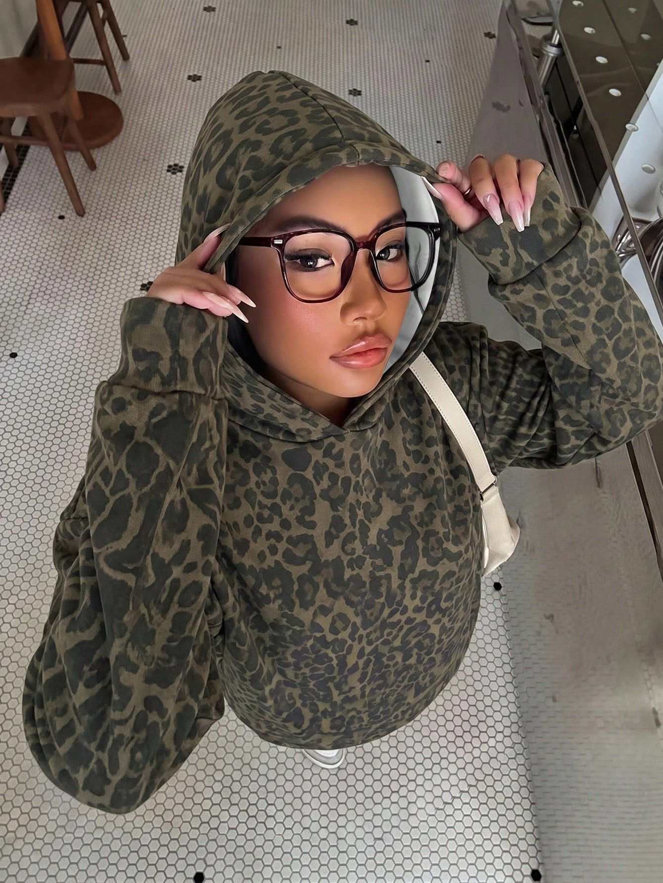 Leopard Oversize Kapüşonlu Premium Sweatshirt
