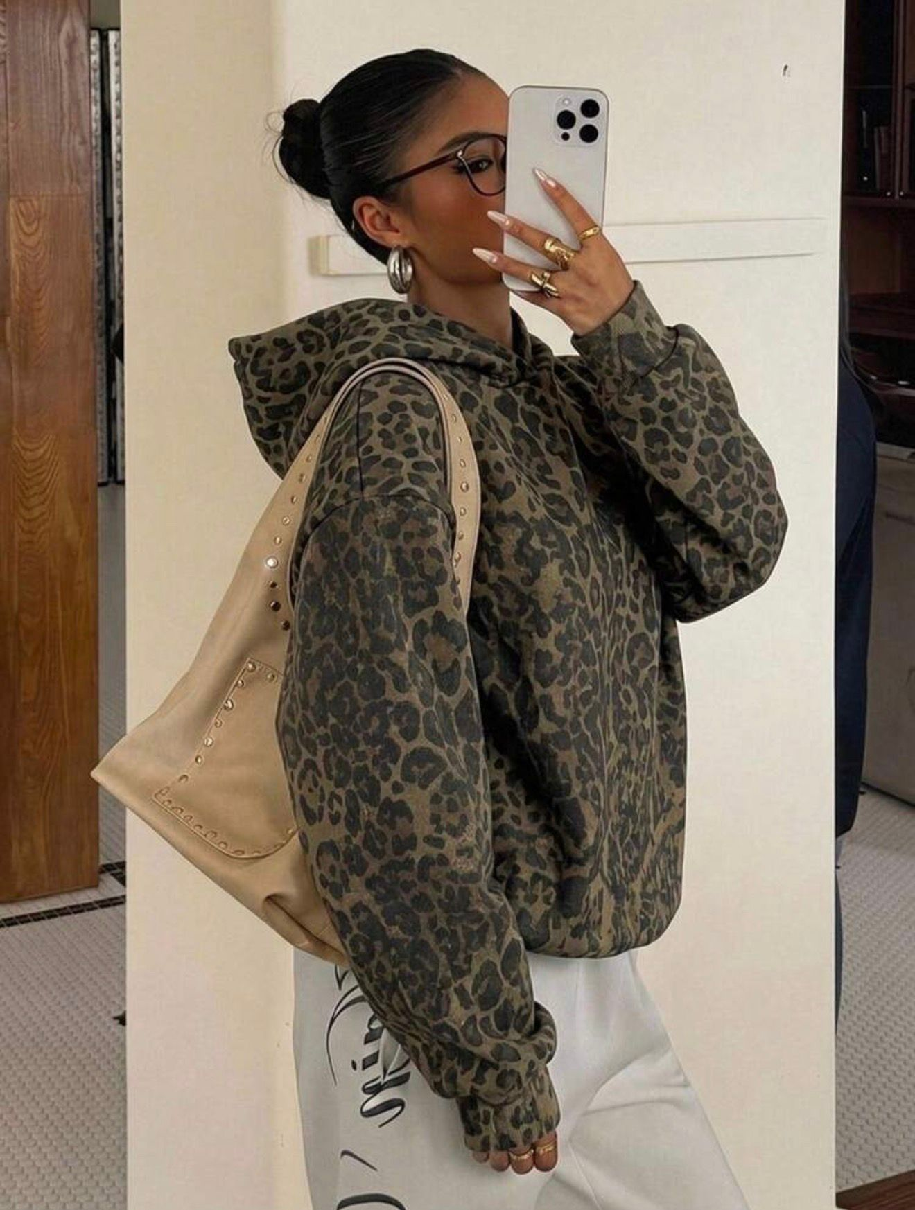 Leopard Oversize Kapüşonlu Premium Sweatshirt