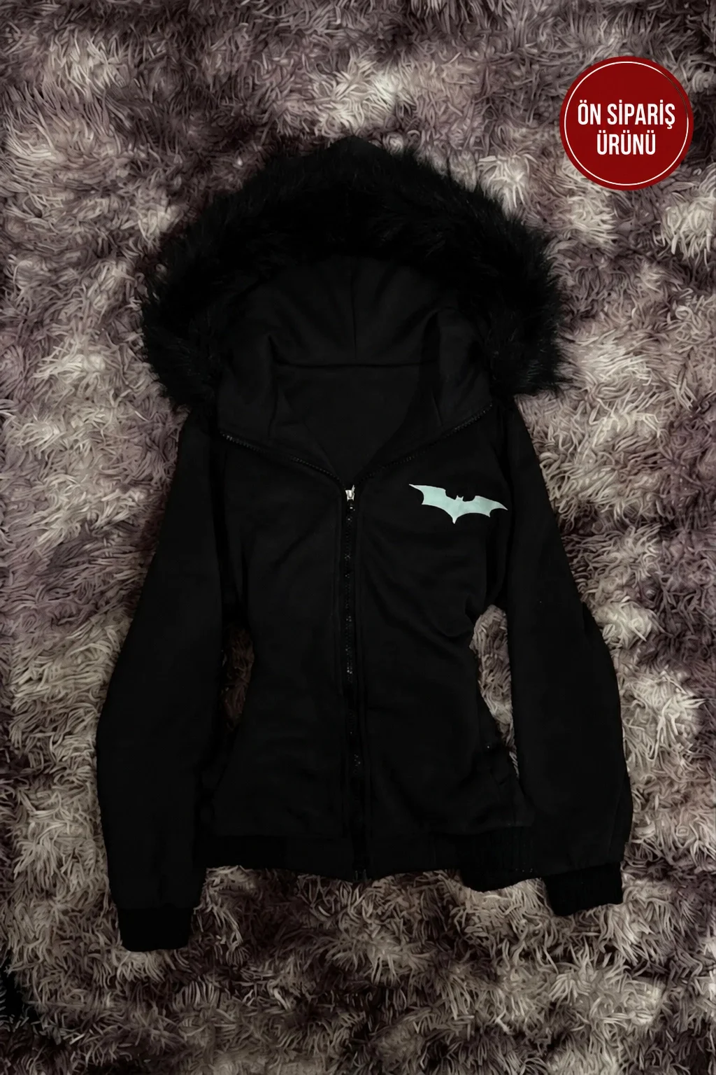 Siyah Kürklü Batman Yarasa Y2K Crop Hırka