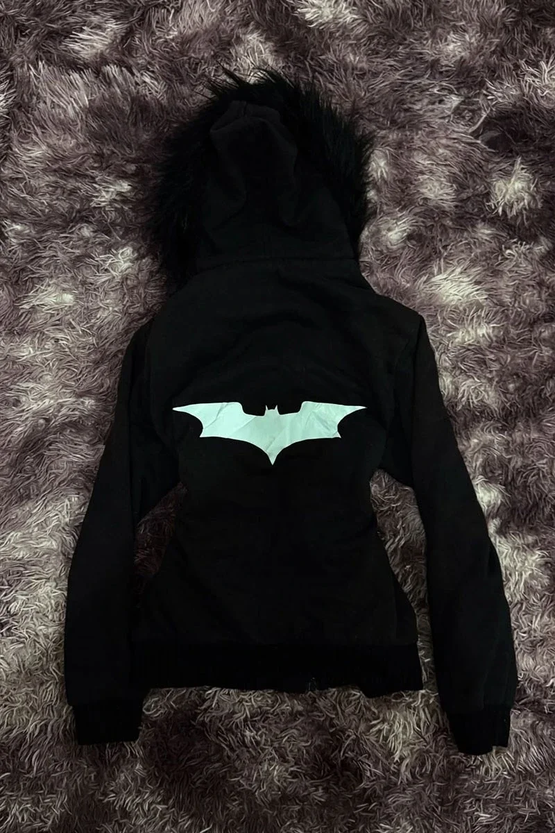 Siyah Kürklü Batman Yarasa Y2K Crop Hırka
