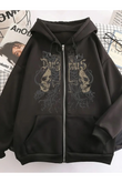 Gothic Baskılı Oversize Fermuarlı Siyah Unisex Kapüşonlu Hırka