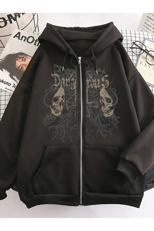 Gothic Baskılı Oversize Fermuarlı Siyah Unisex Kapüşonlu Hırka