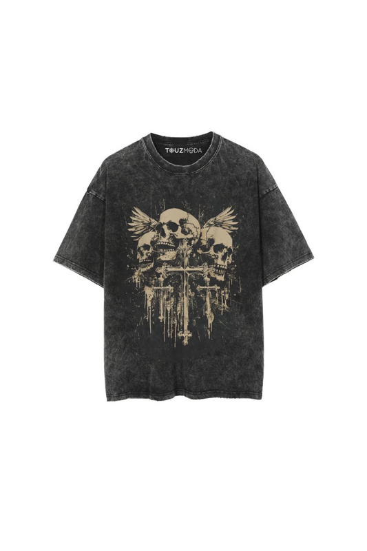 Gothic Skull Cross Baskılı Unisex Oversize T-Shirt