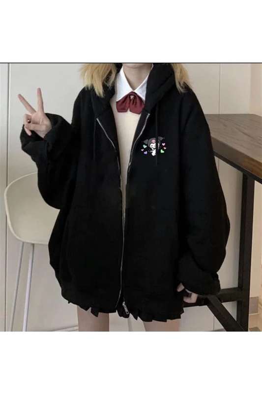 Grandükkan Kuromi Baskı Oversize Fermuarlı Siyah Unisex Kapüşonlu Hırka