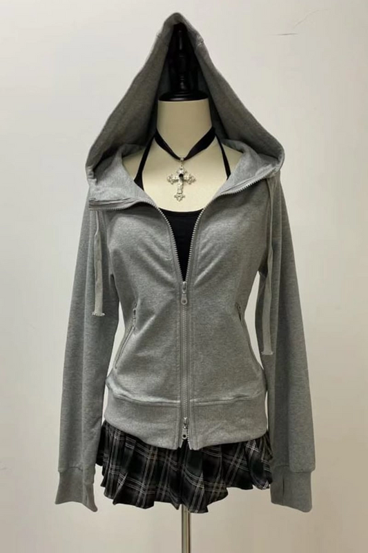 Gri Melanj Düz Cepli Street Y2K Crop Hırka