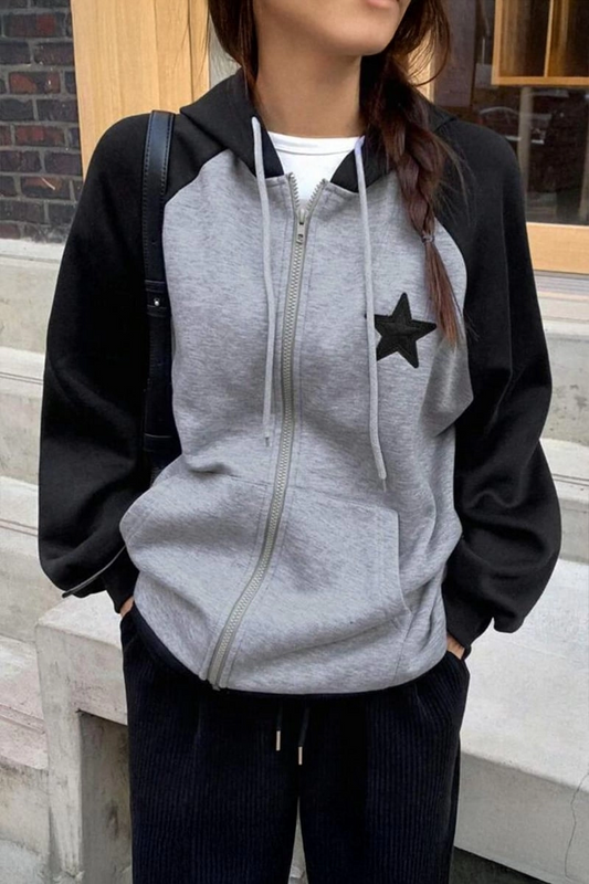 Gri Melanj Raglan Siyah Kollu Star Y2K Unisex Hırka