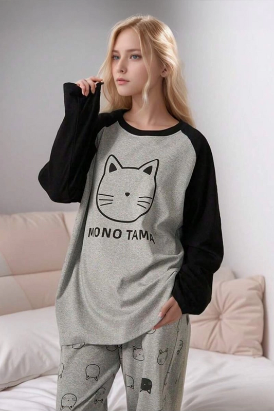 Gri Melnj Mono Tama Cat Raglan Siyah KolluY2K Pijama Takımı
