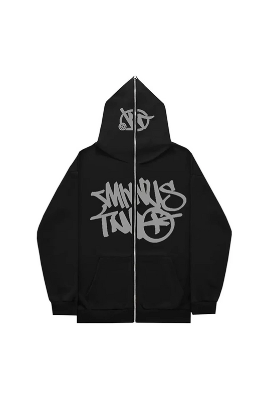 Gri Minus Two Yazı Baskılı 3 iplik Kalın Fermuarlı Unisex Oversize Full Zip Siyah Hırka
