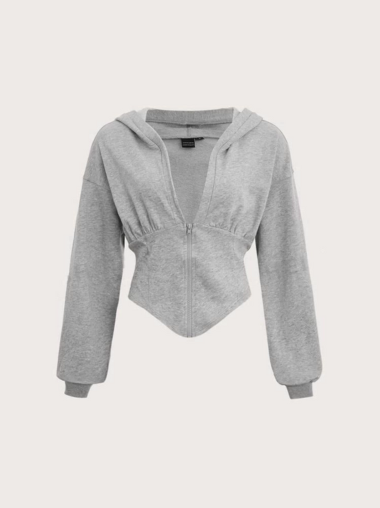 Gri Uzun Kollu Korse Kesim Fermuarlı Ceket