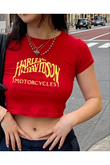 Harley D. Baskılı Kırmızı Crop Bluz