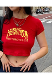Harley D. Baskılı Kırmızı Crop Bluz