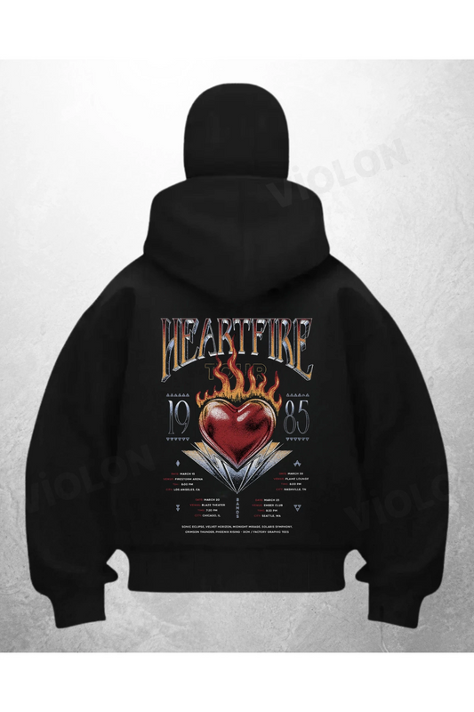 Heart Fire Baskılı Siyah Samuray Kar Maske Sweatshirt Hırka