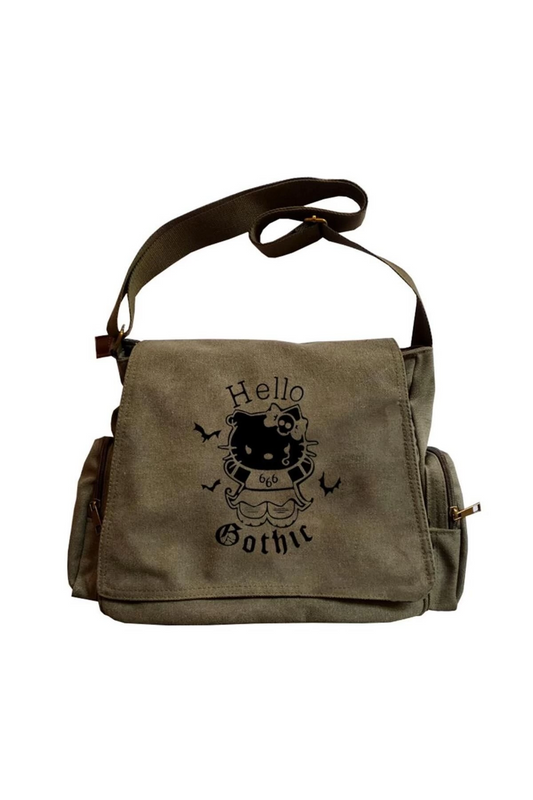 Hello Gothic Baskılı Unisex Yeşil Postacı Çantası