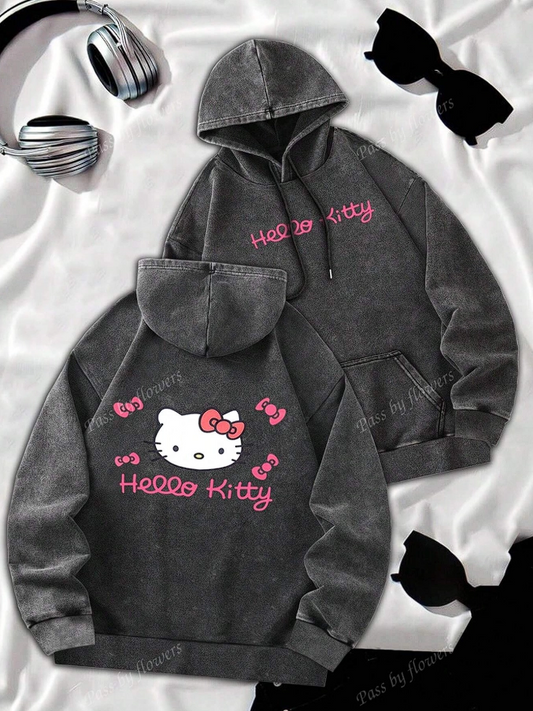Hello Kitty Baskılı Yıkamalı Renk Sweatshirt