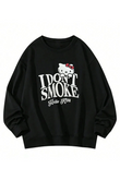 Hello Kitty Don't Smoke Baskılı Siyah Kapşonsuz Oversize Sweatshirt