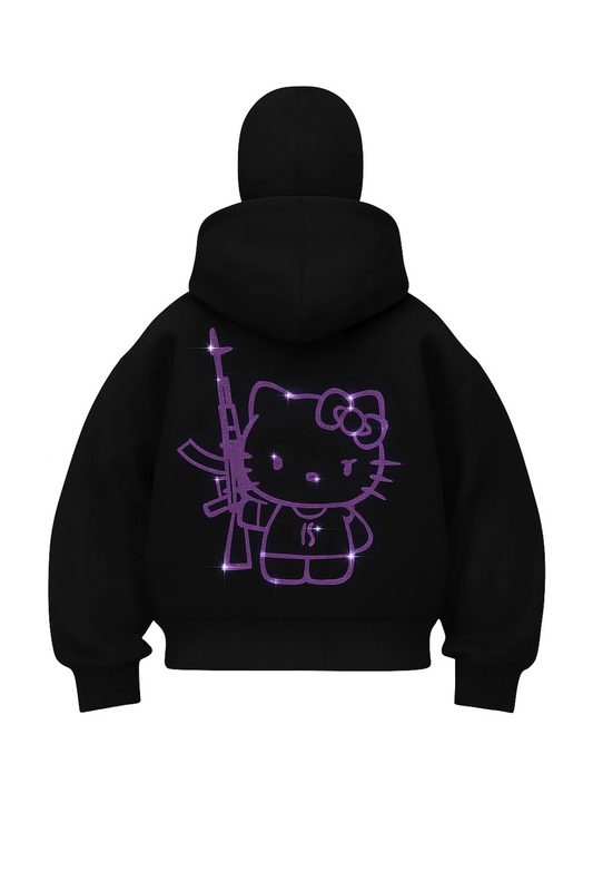 Hello Kitty Parıltılı Taş Kar Maskeli Kapüşonlu Oversize 3 İplik Hırka