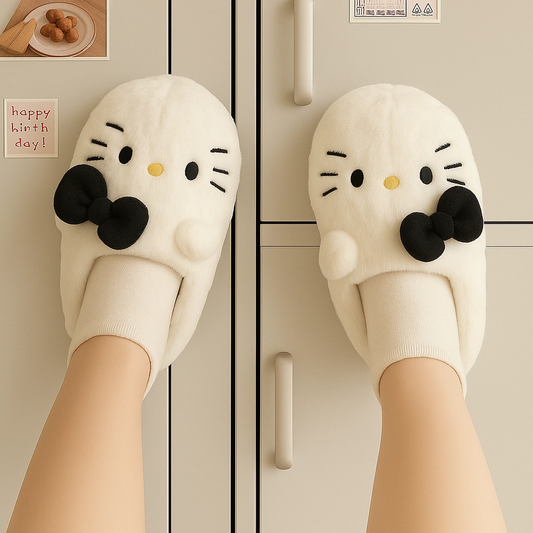 Hello Kitty Siyah Yumuşak Tüylü Peluş Panduf Terlik