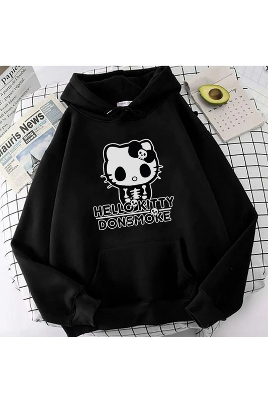 HelloKitty Donsmoke Sweatshirt Unisex Sırt Baskı Detay Siyah Oversize Sweatshirt Kapüşonlu