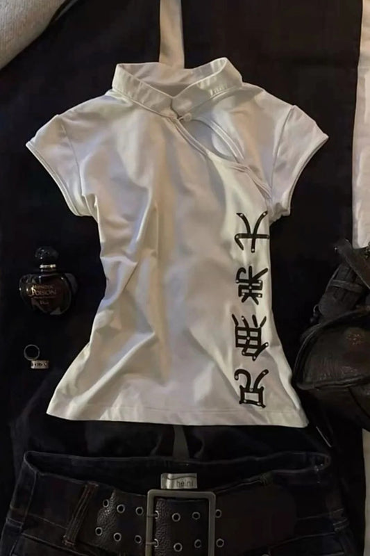 Beyaz Qipao Vintage Pencere Detaylı Y2K Kısa Kollu Crop