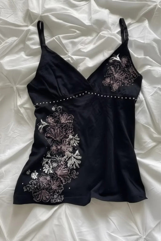 Siyah Taşlı Floral Desenli Vintage Y2K Askılı Crop