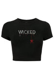 Kadın Kristal Taş Baskılı Red Wicked Crop T-shirt Siyah