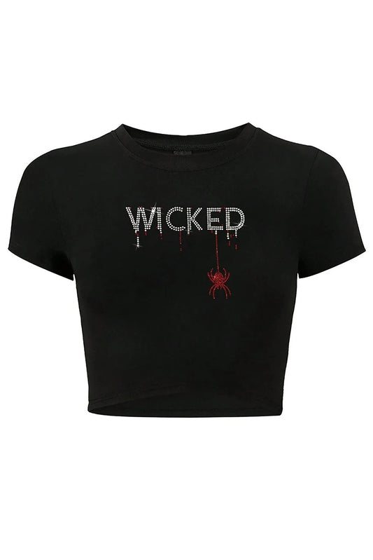 Kadın Kristal Taş Baskılı Red Wicked Crop T-shirt Siyah