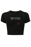Kadın Kristal Taş Baskılı Red Wicked Crop T-shirt Siyah