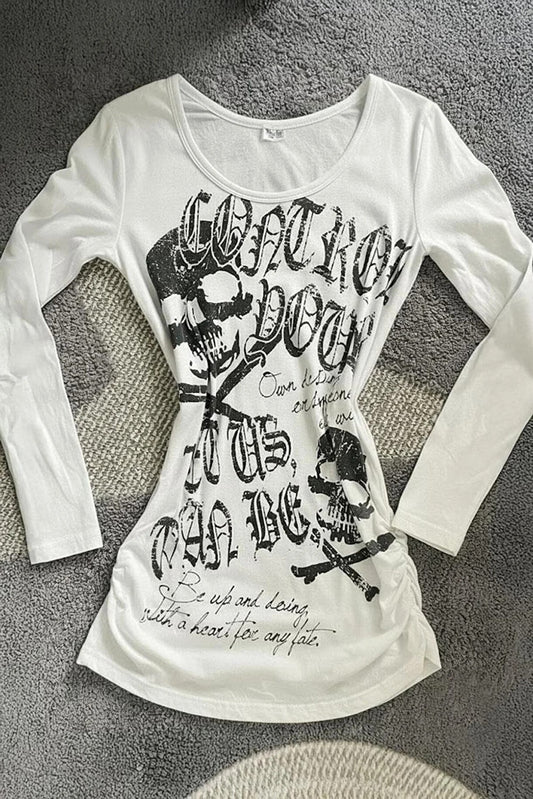 Beyaz Gotik Skulls Control Geniş Yaka Y2K Uzun Kollu Crop