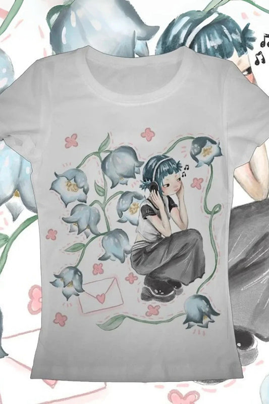 Beyaz Girl İn Flowers Gotik Y2K Kısa Kollu Crop