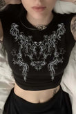 Siyah Tribal Baskılı Gotik Y2K Kısa Kollu Crop