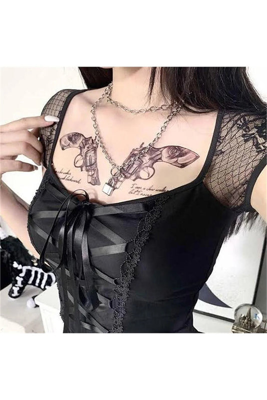 Siyah Harajuku Fashion Gotik Detaylı Y2K Kısa Kollu Crop