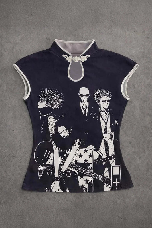 Siyah Anime Nana Qipao Vintage Y2K Kısa Kollu Crop
