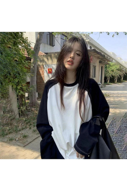 Siyah Raglan Kollu Beyaz Basic Unisex Uzun Kollu