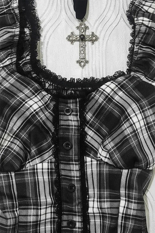 Siyah Beyaz Ekoseli Vintage Dantelli Kare Yaka Y2K Kısa Kollu Crop