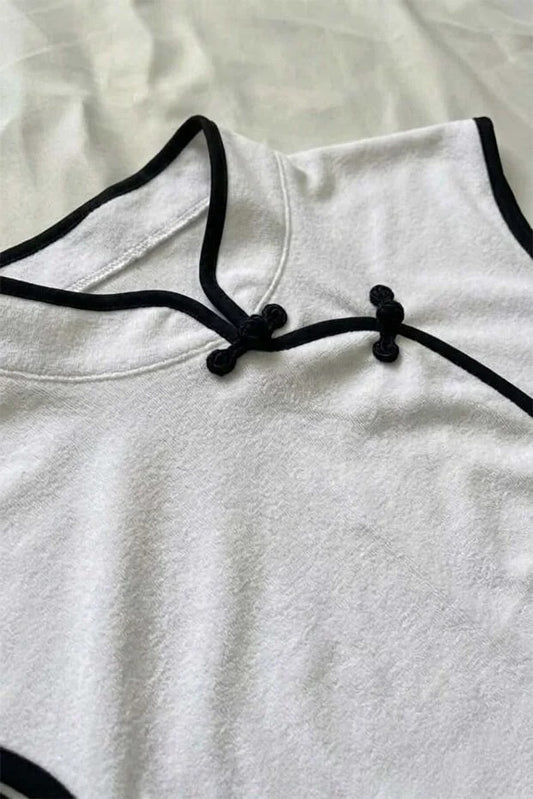 Beyaz Mandarin Yaka Siyah Şeritli Qipao Y2K Kısa Kollu Crop