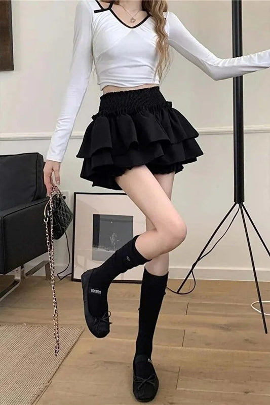 Siyah Fırfırlı Belli Katlı Şortlu Grunge Y2K Mini Etek