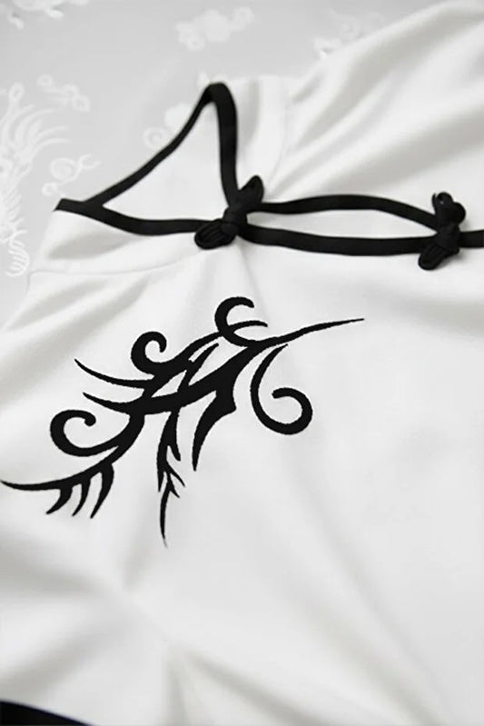 Beyaz Çin Yakalı Floral Motifli Beyaz Şeritli Vintage Y2K Kısa Kollu Crop