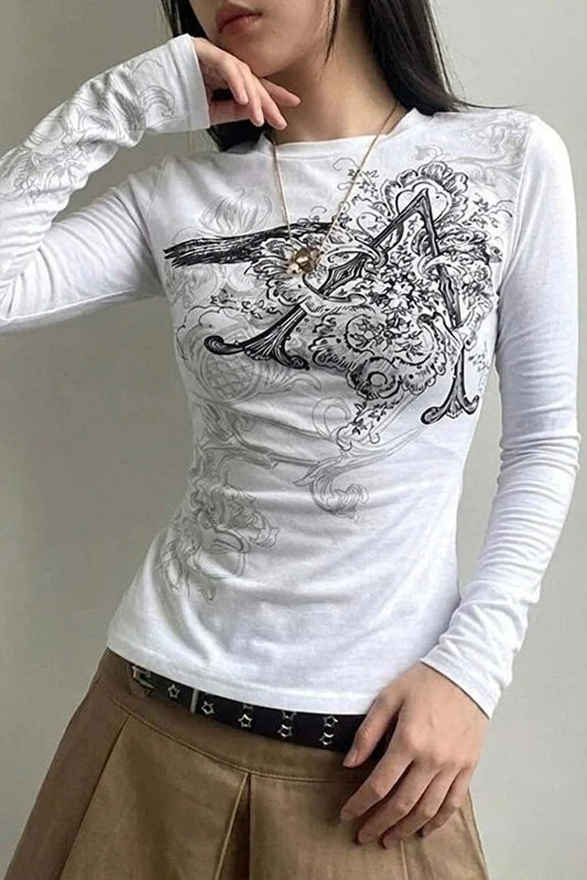 Beyaz Vintage Punk Patterned Harajuku Y2K Uzun Kollu Crop