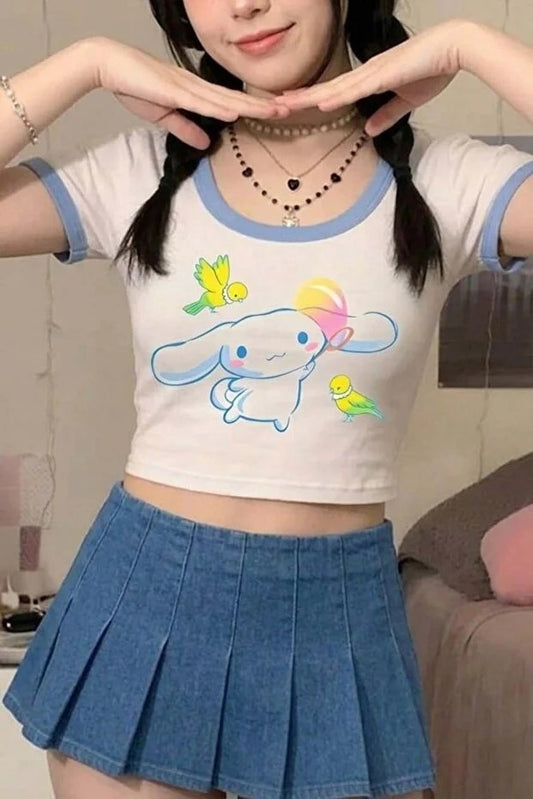Beyaz Anime Sanrio : Cinnamoroll Bird Friends Y2K Kısa Kollu Crop