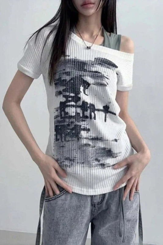 Beyaz Vintage Lost Omuz Dekolteli Y2K Kısa Kol Off-Shoulder T-Shirt